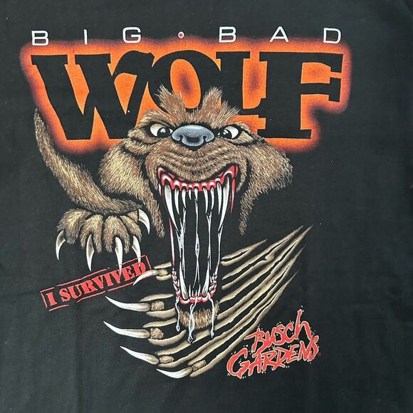 VTG Busch Gardens Big Bad Wolf Ride “I Survived” Black Shirt Men’s Size Large - Picture 2 of 8